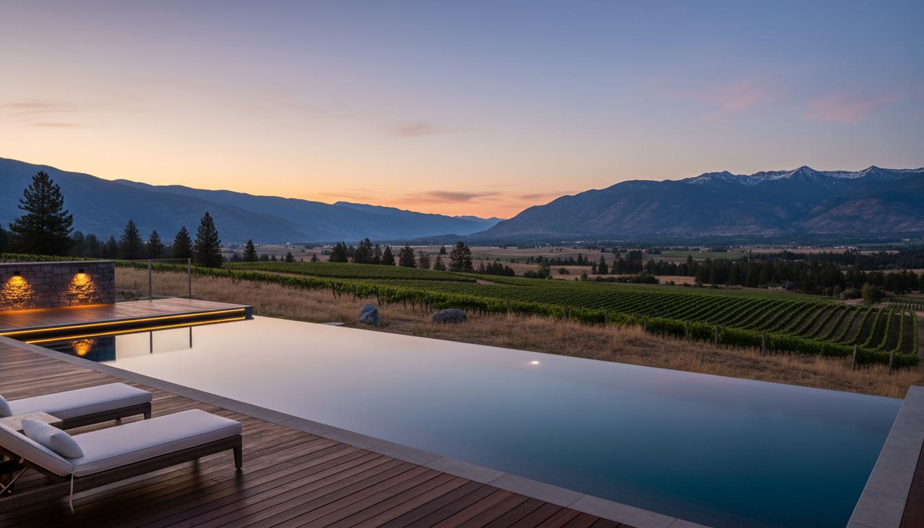 Infinity pool with vineyard view in West Kelowna